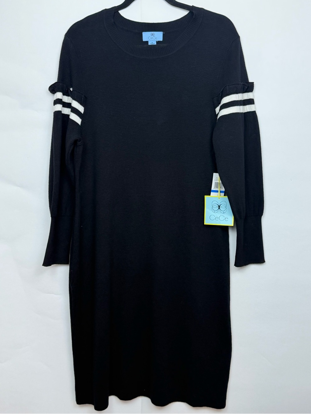 NWT CeCe Rich Black Striped Long Puff Sleeve Knit Sweater Dress Ruffle Sleeve XL